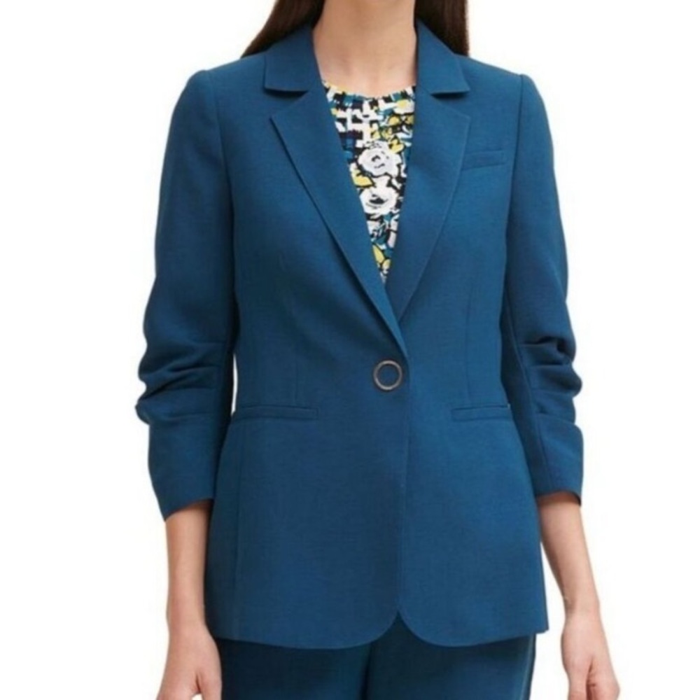 DKNY Teal Raw Material Ruched Sleeve 1-Button Women’s Blazer Size 6 NWT